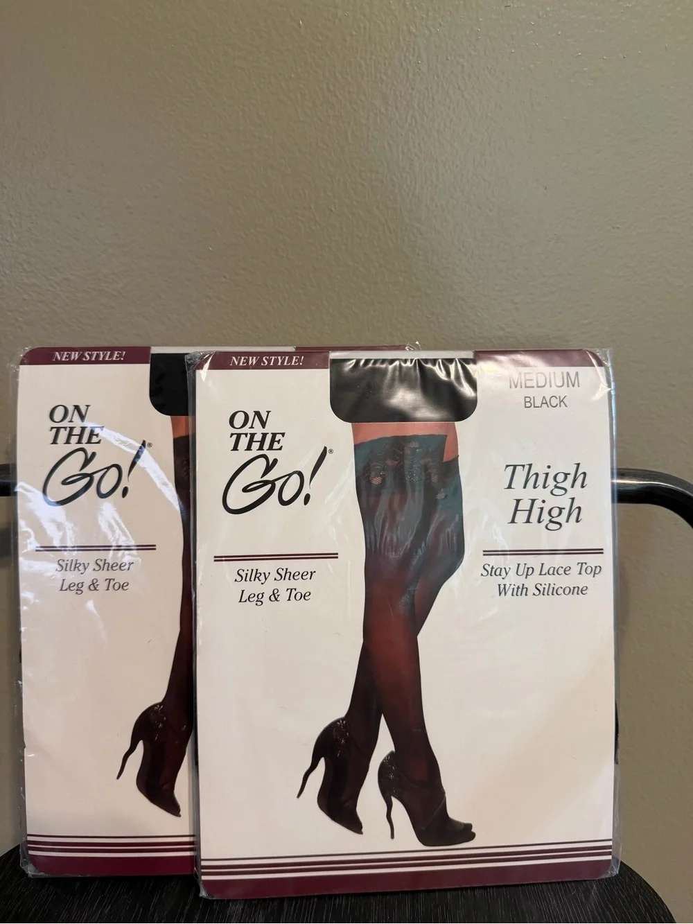 2 Pack On The Go Silky Sheer Lace Top Thigh High Stockings Medium Black